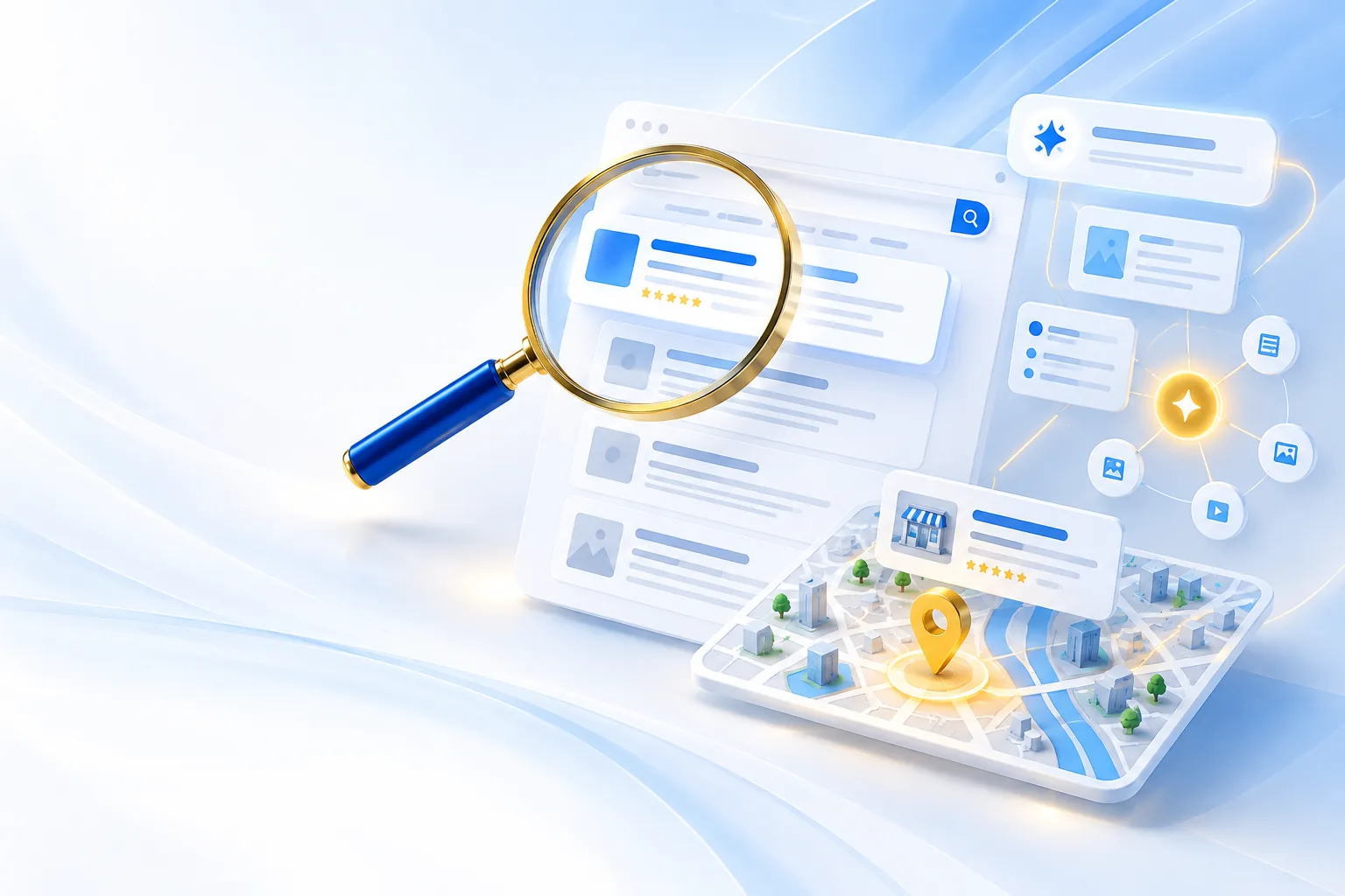 Search discovery, AI answers and local map visibility illustration
