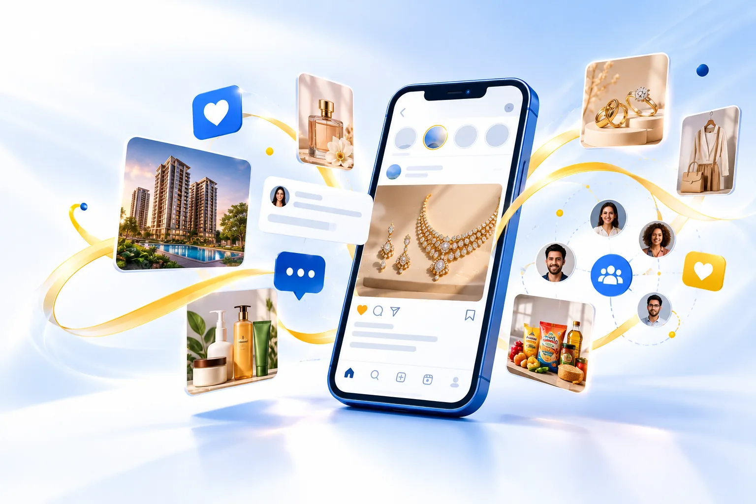 Social content, product stories and connected community illustration
