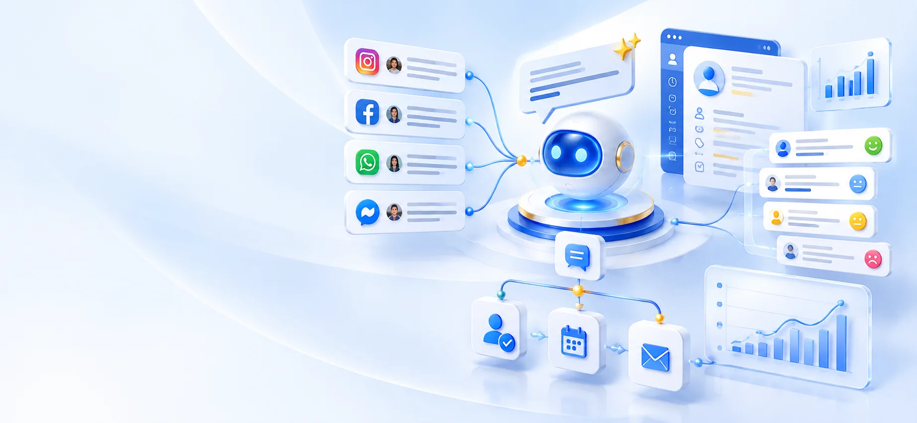 AI assistant connecting conversations, customer insights and business workflows illustration