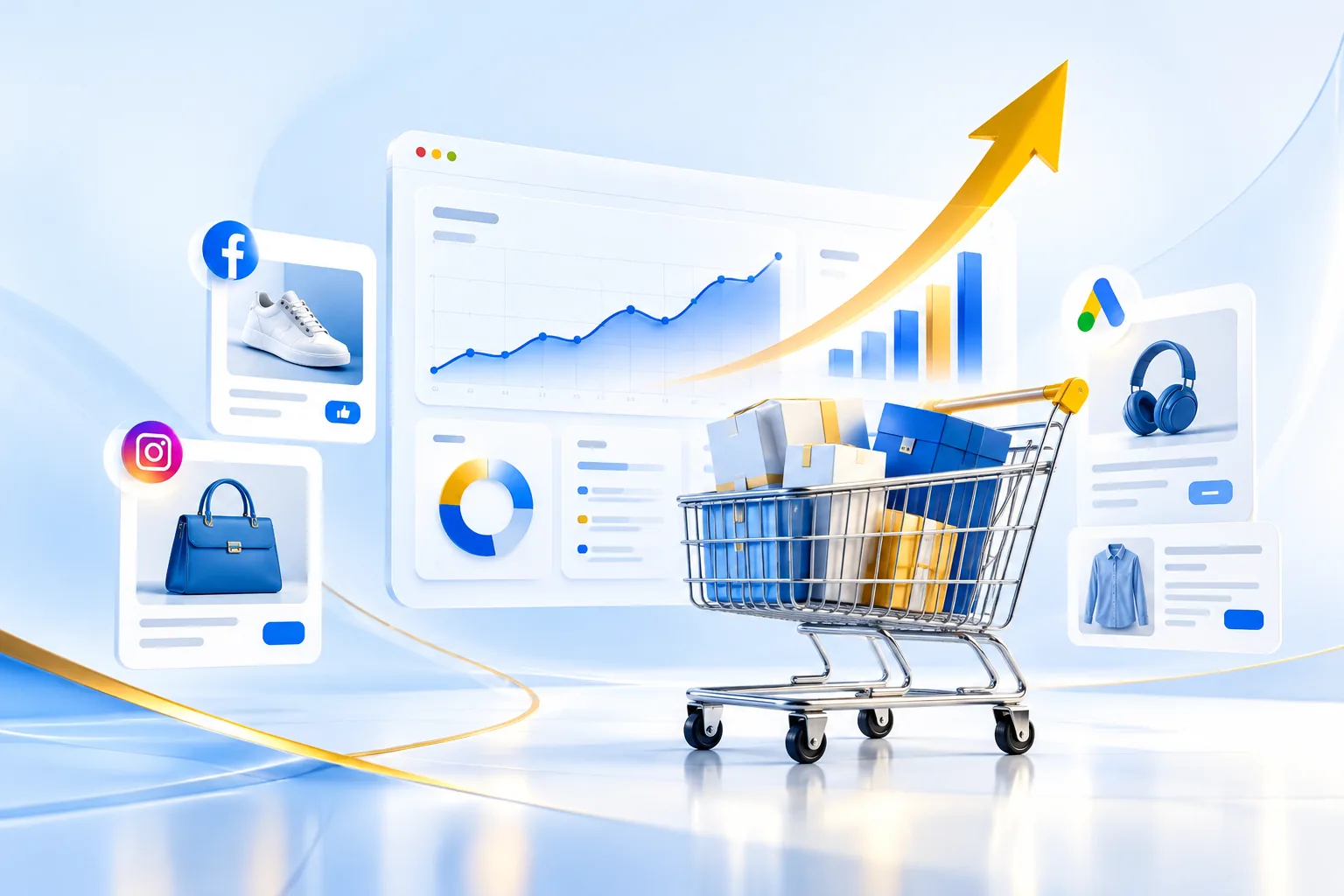 Paid advertising, e-commerce products and campaign analytics illustration